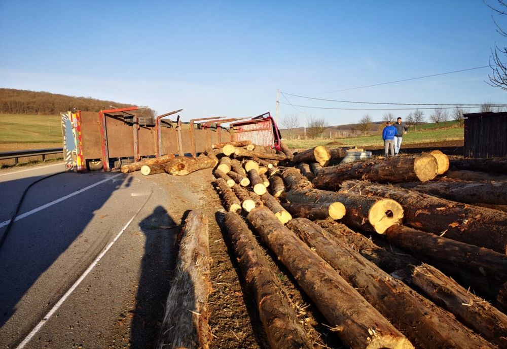 TIR încărcat cu lemne răsturnat în Lunca! Şoferul a fost preluat de o ambulanţă (FOTO)