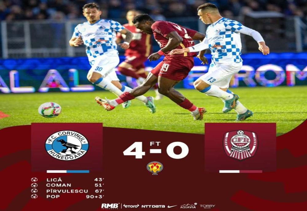 CFR Cluj, umilită cu 4-0 de Corvinul Hunedoara, care s-a calificat în semifinalele Cupei României
